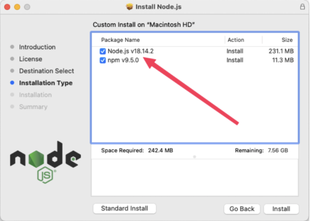 A screenshot of node.js customization process for node.js